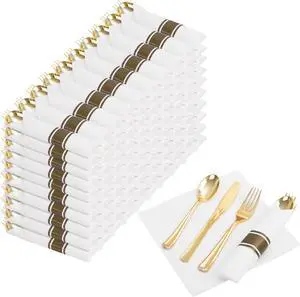 Nervure 400PCS Pre Rolled Gold Plastic Silverware Sets - Heavy Duty Gold Cutlery - Include 100 Pack Wrapped Disposable Utensils with Napkins for Parties, Dinners & Weddings Nervure 400PCS Pre Rolled Gold Plastic Silverware Sets - Heavy Duty Gold Cutlery - Include 100 Pack Wrapped Disposable Utensils with Napkins for Parties, Dinners & Weddings