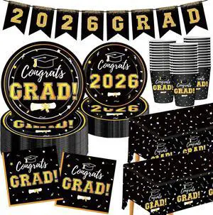Graduation Decorations 2026 Disposable Black Graduation Tableware Kit for 25 Guests Plates Napkins Cups Tablecloth Hanging Graduation Party Decorations 2026 Graduation Decorations 2026 Disposable Black Graduation Tableware Kit for 25 Guests Plates Napkins Cups Tablecloth Hanging Graduation Party Decorations 2026