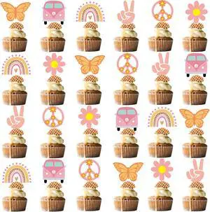 48Pcs Hippie Party Cupcake Toppers for Two Groovy Birthday Party Decorations Boho Rainbow Party Supplies 48Pcs Hippie Party Cupcake Toppers for Two Groovy Birthday Party Decorations Boho Rainbow Party Supplies