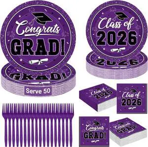 Graduation Party Supplies Set for 50 Guests, Purple Graduation Plates and Napkins 2026, 200Pcs Disposable Grad Plates, Napkins, Dessert Plates and Forks for 2026 Wedding, Birthday, School Ceremony Graduation Party Supplies Set for 50 Guests, Purple Graduation Plates and Napkins 2026, 200Pcs Disposable Grad Plates, Napkins, Dessert Plates and Forks for 2026 Wedding, Birthday, School Ceremony