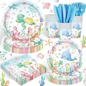 120PCS Under the Sea Party Supplies for Ocean Theme Baby Shower Birthday Party Underwater World Creatures Decorations Ocean Sea Animal Plate Cup Napkin Knives Forks for 20 Guests 120PCS Under the Sea Party Supplies for Ocean Theme Baby Shower Birthday Party Underwater World Creatures Decorations Ocean Sea Animal Plate Cup Napkin Knives Forks for 20 Guests