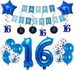 16th Birthday All in One Decorations, Sweet 16 Balloon Set for Boys Girls, Blue Foil Star Balloons, Confetti Latex Balloons, Happy Birthday Banner & Swirl Decor for Ins Photo Party Supplies 16th Birthday All in One Decorations, Sweet 16 Balloon Set for Boys Girls, Blue Foil Star Balloons, Confetti Latex Balloons, Happy Birthday Banner & Swirl Decor for Ins Photo Party Supplies