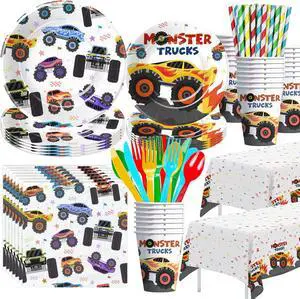 APOWBLS Monster Truck Birthday Party Supplies, Monster Theme Jam Party Decorations Tableware, Paper Plates and Napkins Set, Cup, Tablecloth, Disposable Cutlery, Straw | Serves 24 APOWBLS Monster Truck Birthday Party Supplies, Monster Theme Jam Party Decorations Tableware, Paper Plates and Napkins Set, Cup, Tablecloth, Disposable Cutlery, Straw | Serves 24
