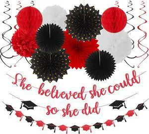 Red-Black White Party-Decorations Graduation Banner-Streamers - 18pcs Kits 2026 Congratulations Grad She Believed She Could So She Did Garland,Paper Tissue Pom Poms Fan,Honeycomb Lanterns Panduola Red-Black White Party-Decorations Graduation Banner-Streamers - 18pcs Kits 2026 Congratulations Grad She Believed She Could So She Did Garland,Paper Tissue Pom Poms Fan,Honeycomb Lanterns Panduola