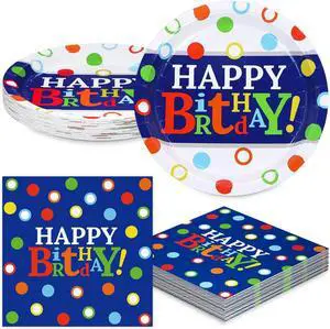 DYLIVeS Colorful Dots Party Plates and Napkins Set, Blue and Rainbow Polka Dots Decorations Disposable Tableware Set Rainbow Dots Party Supplies for Boys, Serve 16 DYLIVeS Colorful Dots Party Plates and Napkins Set, Blue and Rainbow Polka Dots Decorations Disposable Tableware Set Rainbow Dots Party Supplies for Boys, Serve 16