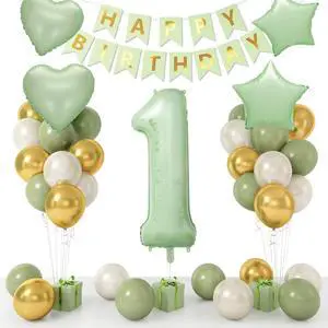 1st Birthday Decoration for Boys Girls,Sage Green White Gold 1st Birthday Balloon with 40 Inch Number 1 Balloon Heart Star Balloons Happy Birthday Banner for 1 Year Old Party Supplies 1st Birthday Decoration for Boys Girls,Sage Green White Gold 1st Birthday Balloon with 40 Inch Number 1 Balloon Heart Star Balloons Happy Birthday Banner for 1 Year Old Party Supplies