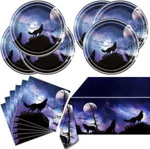 Wolf Birthday Party Tableware Set,20 Plates and 20 Napkins and Tablecloth 86 '' x 51 '', Wolf Animal Party Decorate Supplies Wolf Birthday Party Tableware Set,20 Plates and 20 Napkins and Tablecloth 86 '' x 51 '', Wolf Animal Party Decorate Supplies