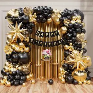 141Pcs Black and Gold Balloon Arch Kit with Happy Birthday Banner for Black and Gold Party Decorations, Graduation, Retirement, Masquerade Party Supplies 141Pcs Black and Gold Balloon Arch Kit with Happy Birthday Banner for Black and Gold Party Decorations, Graduation, Retirement, Masquerade Party Supplies