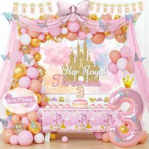 Costova Princess 3rd Birthday Party Decorations, 117 PCs - Her Royal Threeness Birthday Party Supplies with Once Upon a Time Backdrop, Balloon Garland, Pink Tulle Curtain, Tablecloth, Sash Costova Princess 3rd Birthday Party Decorations, 117 PCs - Her Royal Threeness Birthday Party Supplies with Once Upon a Time Backdrop, Balloon Garland, Pink Tulle Curtain, Tablecloth, Sash