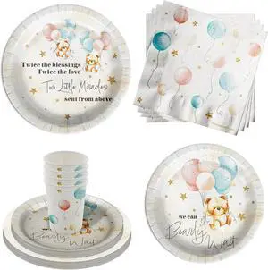 Birthday Galore Twin Teddy Bears Party Supplies - 64 Piece Twins Baby Shower Tableware Set Includes Large 9" Dinner Plates and 8" Dessert Paper Plates Napkins Cups - Kit for 16 Birthday Galore Twin Teddy Bears Party Supplies - 64 Piece Twins Baby Shower Tableware Set Includes Large 9" Dinner Plates and 8" Dessert Paper Plates Napkins Cups - Kit for 16