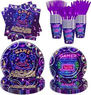 Arcade Birthday Party Supplies, Neon Glow Video Game Arcade Birthday Decorations Party Tableware, Paper Plate, Napkin, Cup, Disposable Cutlery, Arcade Party Decorations, Serve 24 Arcade Birthday Party Supplies, Neon Glow Video Game Arcade Birthday Decorations Party Tableware, Paper Plate, Napkin, Cup, Disposable Cutlery, Arcade Party Decorations, Serve 24