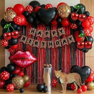 Cheetah print party decorations with Red and Black polka dot Balloon Arch & lips cherries black hearts foil balloons & Leopard print banner foil Tinsel Fringe for Girls Woman Birthday decorations Cheetah print party decorations with Red and Black polka dot Balloon Arch & lips cherries black hearts foil balloons & Leopard print banner foil Tinsel Fringe for Girls Woman Birthday decorations