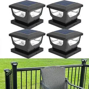 Solar Post Cap Lights for 3x3 Metal Posts & 4x4 Wood Fence, 4 Pack - IP65 Waterproof, Bright 120 Lumen 6500K Cool White Deck Lighting for Garden, Yard, Porch, Railing, Black Shell Solar Post Cap Lights for 3x3 Metal Posts & 4x4 Wood Fence, 4 Pack - IP65 Waterproof, Bright 120 Lumen 6500K Cool White Deck Lighting for Garden, Yard, Porch, Railing, Black Shell