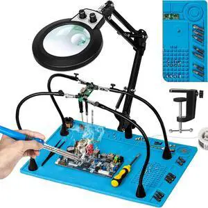 Silicone Mat Helping Hands Soldering Station, 30X/10X Magnifying Glass with Light for Electronics Craft Hobby, 4 PCB Arms, Infinite Colors Stepless Dimming LED Magnifier Lamp with Stand Silicone Mat Helping Hands Soldering Station, 30X/10X Magnifying Glass with Light for Electronics Craft Hobby, 4 PCB Arms, Infinite Colors Stepless Dimming LED Magnifier Lamp with Stand