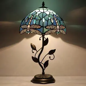 Tiffany Lamp Blue Dragonfly Style Stained Glass Table Lamp Desk Bedside Reading Light 12X12X19 Inches with Metal Leaf Base Decor Bedroom Living Room Tiffany Lamp Blue Dragonfly Style Stained Glass Table Lamp Desk Bedside Reading Light 12X12X19 Inches with Metal Leaf Base Decor Bedroom Living Room