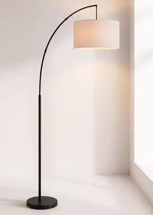 360 Lighting Cora Mid Century Modern Arc Floor Lamp 72" Tall Black Metal White Linen Fabric Drum Shade Decor for Living Room Reading House Bedroom Home Office House 360 Lighting Cora Mid Century Modern Arc Floor Lamp 72" Tall Black Metal White Linen Fabric Drum Shade Decor for Living Room Reading House Bedroom Home Office House