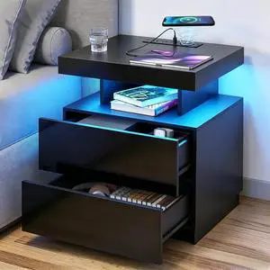 HOMMPA Nightstand with Charging Station and LED Light, Smart Nightstand with USB Port & Wireless Charging, Modern Night Stand with 2 Drawer, Black Beside Table with High Gloss Surface for Bedroom HOMMPA Nightstand with Charging Station and LED Light, Smart Nightstand with USB Port & Wireless Charging, Modern Night Stand with 2 Drawer, Black Beside Table with High Gloss Surface for Bedroom