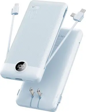 VRURC Portable Charger, Power Bank Built-in Cables and AC Wall Plug | USB C Power Bank 10000mAh, Travel Essentials Phone Charger Compact External Battery Pack For Smart Phones, Tablets etc-Blue VRURC Portable Charger, Power Bank Built-in Cables and AC Wall Plug | USB C Power Bank 10000mAh, Travel Essentials Phone Charger Compact External Battery Pack For Smart Phones, Tablets etc-Blue