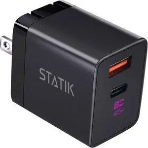 STATIK Fast-Charging GaN Power Adapter - 48W Dual USB C & USB - Foldable Compact Charger for iPhone, iPad, Samsung, Pixel - Smart Overheat Protection - Cable Not Included STATIK Fast-Charging GaN Power Adapter - 48W Dual USB C & USB - Foldable Compact Charger for iPhone, iPad, Samsung, Pixel - Smart Overheat Protection - Cable Not Included