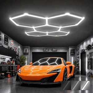Hexagon Garage Lights: 168W 5 Grids 6500K 3 Level Dimmable Hexagon Garage Lights: 168W 5 Grids 6500K 3 Level Dimmable