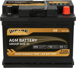 Weize Platinum AGM Battery BCI Group 47-12v 60ah H5 Size 47 Automotive Battery, 100RC, 680CCA, 36 Months Warranty, Dimensions 9.52" L x 6.89" W x 7.48" H Weize Platinum AGM Battery BCI Group 47-12v 60ah H5 Size 47 Automotive Battery, 100RC, 680CCA, 36 Months Warranty, Dimensions 9.52" L x 6.89" W x 7.48" H