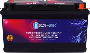 Mighty Max Battery MM-H8 Start and Stop Car BCI Group 49 12V 95Ah, 160RC, 900 CCA Rechargeable AGM Car Battery Mighty Max Battery MM-H8 Start and Stop Car BCI Group 49 12V 95Ah, 160RC, 900 CCA Rechargeable AGM Car Battery