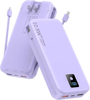 Portable Charger 20000mAh 22.5W w/Built-in Cable & Wall Plug Purple Portable Charger 20000mAh 22.5W w/Built-in Cable & Wall Plug Purple