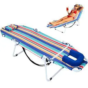 Tanning Chair with Face Hole, 2-in-1 Folding Camping Cot for Adults, 5-Position Adjustable Lounge Chair with Pillow, Heavy Duty 600D Oxford Portable Cot for Beach, Patio, Poolside Tanning Chair with Face Hole, 2-in-1 Folding Camping Cot for Adults, 5-Position Adjustable Lounge Chair with Pillow, Heavy Duty 600D Oxford Portable Cot for Beach, Patio, Poolside