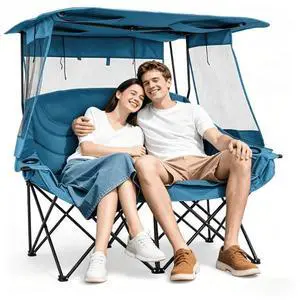 Camping Chair for 2 Person with Canopy, Portable Folding Double Camping Chair for Adults, Oversized Double Beach Loveseat with Cup Holders and Pocket, 600 lbs Heavy Duty Camping Couch - Blue Camping Chair for 2 Person with Canopy, Portable Folding Double Camping Chair for Adults, Oversized Double Beach Loveseat with Cup Holders and Pocket, 600 lbs Heavy Duty Camping Couch - Blue