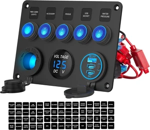 12V/24V 5-Gang ON/OFF Rocker Switch, Pre-Wired Waterproof Aluminum Panel with 78W Triple USB Ports, LED Voltmeter & Cigarette Lighter Socket for Car, Boat, Truck, RV, UTV, 15A Fuses 12V/24V 5-Gang ON/OFF Rocker Switch, Pre-Wired Waterproof Aluminum Panel with 78W Triple USB Ports, LED Voltmeter & Cigarette Lighter Socket for Car, Boat, Truck, RV, UTV, 15A Fuses