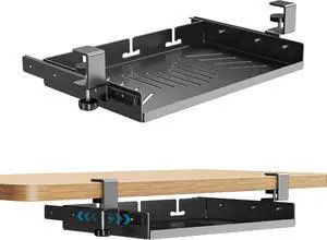 Sliding No Drill Under Desk Laptop Mount, Metal Under Desk Storage Shelf with Cable Management, Slide Out Laptop Storage Tray for MacBook, Mac Mini, Fits Office Workstations(Black with slid rail) Sliding No Drill Under Desk Laptop Mount, Metal Under Desk Storage Shelf with Cable Management, Slide Out Laptop Storage Tray for MacBook, Mac Mini, Fits Office Workstations(Black with slid rail)