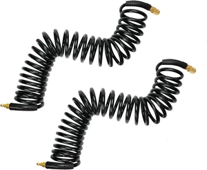 2-Pack Polyurethane Recoil Air Hose, 1/4" Inner Diameter x 25' Long with Bend Restrictor, 1/4" Industrial Quick Coupler & Plug, Black 2-Pack Polyurethane Recoil Air Hose, 1/4" Inner Diameter x 25' Long with Bend Restrictor, 1/4" Industrial Quick Coupler & Plug, Black
