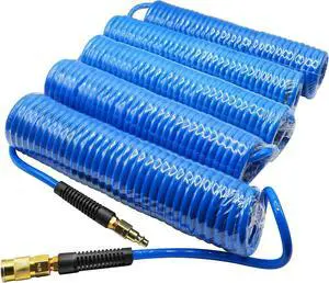 5 Pack Polyurethane Recoil Air Hose, Air Compressor Hose 1/4" Inner Diameter by 25' Long with Bend Restrictor, 1/4" Industrial Quick Coupler and Plug, Blue. 5 Pack Polyurethane Recoil Air Hose, Air Compressor Hose 1/4" Inner Diameter by 25' Long with Bend Restrictor, 1/4" Industrial Quick Coupler and Plug, Blue.
