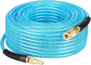 Reinforced Polyurethane Air Hose 1/4" Inner Diameter by 100' Long, Flexible, Heavy Duty Air Compressor Hose with Bend Restrictor, 1/4" Swivel Industrial Quick Coupler and Plug, Blue Reinforced Polyurethane Air Hose 1/4" Inner Diameter by 100' Long, Flexible, Heavy Duty Air Compressor Hose with Bend Restrictor, 1/4" Swivel Industrial Quick Coupler and Plug, Blue
