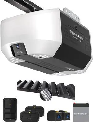 Chamberlain Belt Drive myQ Garage Door Opener, 3/4HP w/Fixed Camera | Ultra quiet belt drive, smart garage myQ integration, Includes: 2 remotes, wall control, battery backup & safety sensors Chamberlain Belt Drive myQ Garage Door Opener, 3/4HP w/Fixed Camera | Ultra quiet belt drive, smart garage myQ integration, Includes: 2 remotes, wall control, battery backup & safety sensors