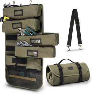 Vintage Canvas Roll Up Tool Bag Organizer, 4 Labels Removable Large Pouches, 1 Small Zipper Pouch & Magnetic Wristband, Portable Tool Roll Bag for Mechanic, Electrician, Carpenter, Motorcycle Vintage Canvas Roll Up Tool Bag Organizer, 4 Labels Removable Large Pouches, 1 Small Zipper Pouch & Magnetic Wristband, Portable Tool Roll Bag for Mechanic, Electrician, Carpenter, Motorcycle