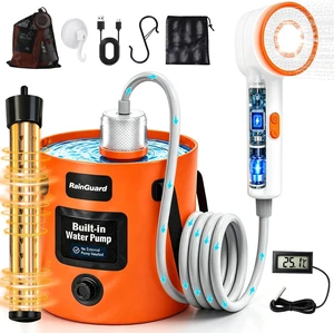 Rechargeable Camping Shower with Immersion Heater LED Shower Head with Filter Pump, 6.6 Gal Foldable Bucket for Travel, Pet Bath & Car Wash Rechargeable Camping Shower with Immersion Heater LED Shower Head with Filter Pump, 6.6 Gal Foldable Bucket for Travel, Pet Bath & Car Wash