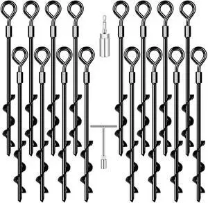 Ground Anchors Screw in Trampoline Anchors Heavy Duty Ground Stakes | for Camping Tent, Trampoline, Canopies, Carports, Sheds, Swing Sets, Black Anti-rust Coating for High Wind (16 X 14") Ground Anchors Screw in Trampoline Anchors Heavy Duty Ground Stakes | for Camping Tent, Trampoline, Canopies, Carports, Sheds, Swing Sets, Black Anti-rust Coating for High Wind (16 X 14")