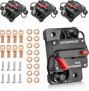 4 Pack 100Amp Circuit Breaker Manual Reset Switch w/6 AWG 1/4 Battery Wire Lug Ring Terminal for Car Stereo Solar Power Systems Automotive ATV Marine Boat Trolling Motor Waterproof 12-48V DC 4 Pack 100Amp Circuit Breaker Manual Reset Switch w/6 AWG 1/4 Battery Wire Lug Ring Terminal for Car Stereo Solar Power Systems Automotive ATV Marine Boat Trolling Motor Waterproof 12-48V DC
