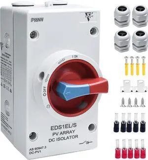 Solar Disconnect Switch 4-Pole DC 1500V 32A Isolator Solar Switch with Enclosure for Rooftop Solar Systems, RVs Waterproof IP66 Red Solar Disconnect Switch 4-Pole DC 1500V 32A Isolator Solar Switch with Enclosure for Rooftop Solar Systems, RVs Waterproof IP66 Red