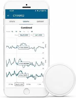 Blue Maestro Disc Mini 3-in-1 Temperature Humidity Dew Point Sensor Logger | Calculates dew point; ±0.1°C accuracy; Bluetooth-enabled 4.3, 75m range; app w/ data export; USA made; 1-yr battery Blue Maestro Disc Mini 3-in-1 Temperature Humidity Dew Point Sensor Logger | Calculates dew point; ±0.1°C accuracy; Bluetooth-enabled 4.3, 75m range; app w/ data export; USA made; 1-yr battery