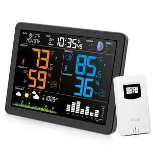 Uzoli EM3566 7.4" Large Weather Station Wireless Indoor Outdoor Thermometer | Atomic Clock, Indoor Outdoor Temperature Humidity, Weather Forecast, Alarms with Snooze, Easy to Read for Home Use Uzoli EM3566 7.4" Large Weather Station Wireless Indoor Outdoor Thermometer | Atomic Clock, Indoor Outdoor Temperature Humidity, Weather Forecast, Alarms with Snooze, Easy to Read for Home Use