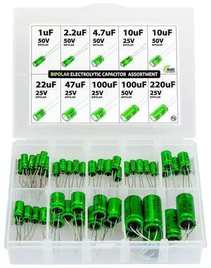 Bipolar (Non Polarized) BP NP Audio Electrolytic Capacitor Assortment Kit, 50 pcs, 10 Values, 25-50 Volt, 1uF, 2.2uF, 4.7uF, 10uF, 22uF, 47uF, 100uF, 220uF Bipolar (Non Polarized) BP NP Audio Electrolytic Capacitor Assortment Kit, 50 pcs, 10 Values, 25-50 Volt, 1uF, 2.2uF, 4.7uF, 10uF, 22uF, 47uF, 100uF, 220uF