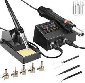 Rework Soldering Station, 2 in 1 SMD Hot Air Solder Station and Soldering Iron Kit Heat Gun with Soldering Tips, Hot Air Nozzles, Tweezers Rework Soldering Station, 2 in 1 SMD Hot Air Solder Station and Soldering Iron Kit Heat Gun with Soldering Tips, Hot Air Nozzles, Tweezers