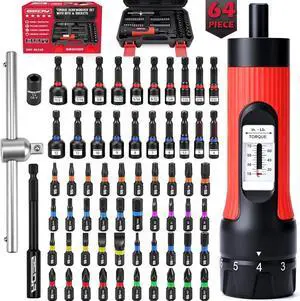 64-Piece Torque Screwdriver Set, 10-70 in-lb, 1/4" Drive Inch Pound Torque Wrench with 40 S2 Bits, 20 CR-V Magnetic SAE and Metric Nut Drivers, T-Bar, Bit Holder, 1/4" Magnetic Extension and Case 64-Piece Torque Screwdriver Set, 10-70 in-lb, 1/4" Drive Inch Pound Torque Wrench with 40 S2 Bits, 20 CR-V Magnetic SAE and Metric Nut Drivers, T-Bar, Bit Holder, 1/4" Magnetic Extension and Case