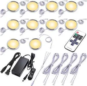 Round LED Puck Lights, Liquor Under Cabinet Accent Light Kit, 110 Volt Hard Wire & Plug in, Daisy Chain Linkable, Wireless RF Remote Control Dimmable, White Cords, Warm White, 10 Lights Round LED Puck Lights, Liquor Under Cabinet Accent Light Kit, 110 Volt Hard Wire & Plug in, Daisy Chain Linkable, Wireless RF Remote Control Dimmable, White Cords, Warm White, 10 Lights