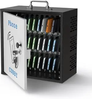 30-Slot Metal Lockable Cell Phone Storage Cabinet, Fully Assembled | Steel Wall-Mounted Phone Box for Classroom and Office, Portable Cell Phone Cubby with Handle and Security Lock 30-Slot Metal Lockable Cell Phone Storage Cabinet, Fully Assembled | Steel Wall-Mounted Phone Box for Classroom and Office, Portable Cell Phone Cubby with Handle and Security Lock