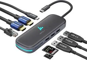 Type C 9 in 1 Docking Station with 2XUSB 5Gbps, 2X4K HDMI, Gigabit Ethernet, SD & TF Card Reader, PD 100W, USB 2.0, USB-C Hub, Compatible with Thunderbolt 4, macOS, Windows, Android & iOS Type C 9 in 1 Docking Station with 2XUSB 5Gbps, 2X4K HDMI, Gigabit Ethernet, SD & TF Card Reader, PD 100W, USB 2.0, USB-C Hub, Compatible with Thunderbolt 4, macOS, Windows, Android & iOS