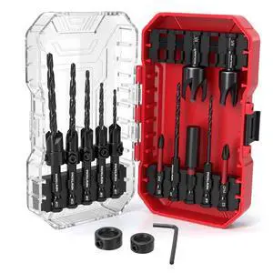 Countersink Drill Bit Set for Wood, 15-Piece HSS with Plug Cutters | FULL SIZE RANGE: Tapered HSS bits in #4, #6, #8, #10 & #12, depth stop rings, extension shaft, 1/4" hex shank & storage case. Countersink Drill Bit Set for Wood, 15-Piece HSS with Plug Cutters | FULL SIZE RANGE: Tapered HSS bits in #4, #6, #8, #10 & #12, depth stop rings, extension shaft, 1/4" hex shank & storage case.