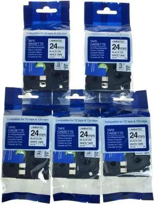 5-Pack 24mm Black on White Label Tape Compatible with TZ and TZe-251 Label Makers 5-Pack 24mm Black on White Label Tape Compatible with TZ and TZe-251 Label Makers